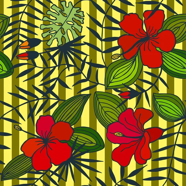 Тропические Цветы Листья Бесшовный Шаблон Eps Векторная Иллюстрация Рисование Вручную — стоковый вектор