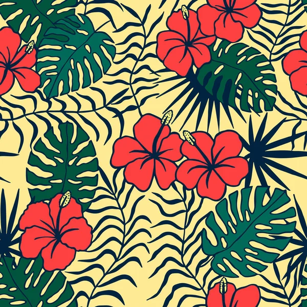 Tropiska Blommor Löv Sömlöst Mönster Vektor Illustration För Eps Hand — Stock vektor