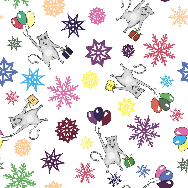Noel dikişsiz desen, kar taneleri, bir sıçan elinde bir hediye ile topları üzerinde uçar. el çizimi. vektör illüstrasyon eps10.
