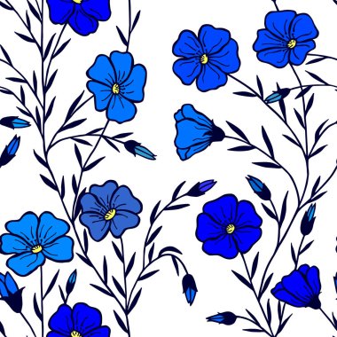 Dikişsiz desen, eps10 vektör illüstrasyon. Keten çiçekleri. el çizimi