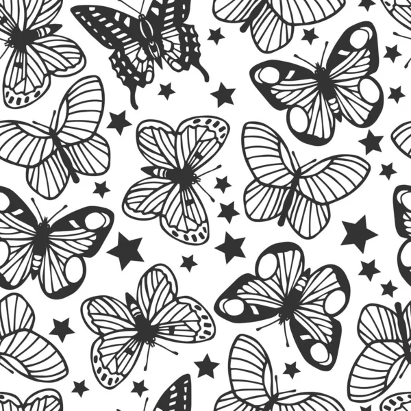 Бабочки Бесшовный Рисунок Eps10 Векторная Иллюстрация Рисование Вручную — стоковый вектор