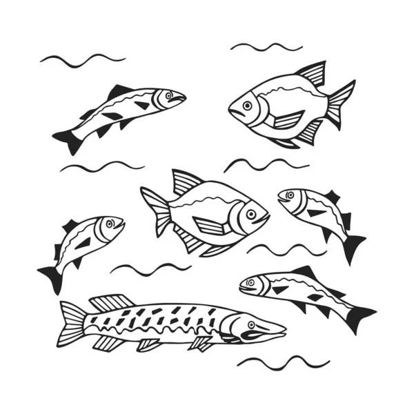 Pesce Nuotare Fiume Mare Onde Eps10 Illustrazione Vettoriale Disegno Mano — Vettoriale Stock