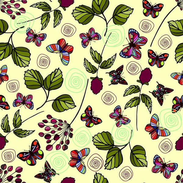 Ботанический Бабочками Безморским Узором Eps10 Векторная Иллюстрация Рисование Вручную — стоковый вектор