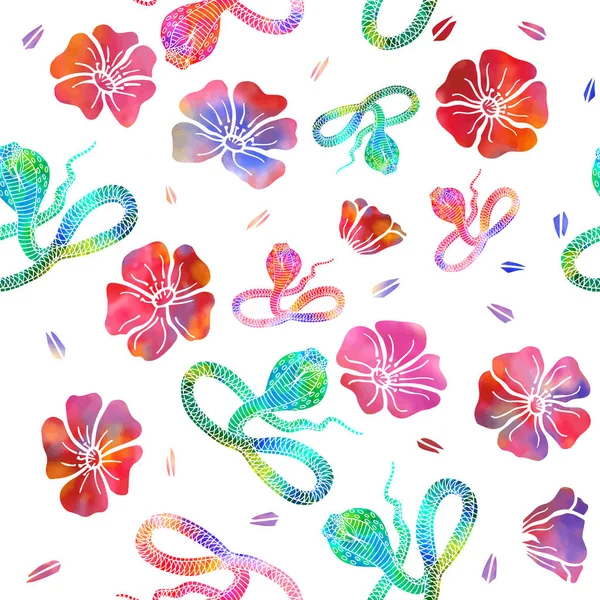 Serpientes Flores Patrón Sin Costuras Eps10 Ilustración Vectorial Dibujo Mano — Vector de stock
