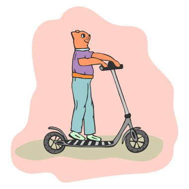 elektrikli scooter üzerinde karikatür kedi. eps10 vektör illüstrasyon. el çizimi.