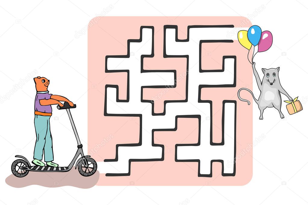 maze with cat and mouse. eps10 vector illustration. hand drawing