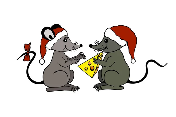 Ποντίκι Στα Καπέλα Της Πρωτοχρονιάς Eps10 Απεικόνιση Διανύσματος Σχέδιο Χειρός — Διανυσματικό Αρχείο