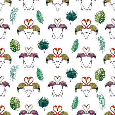 Tropikal yapraklar ve flamingo desenleri. Eps10 vektör illüstrasyonu. el çizimi