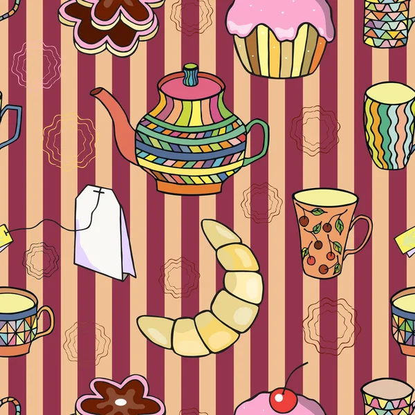 Seamless Pattern Tea Bag Cookies Croissant Cupcake Eps10 Vector Illustration — Stock Vector