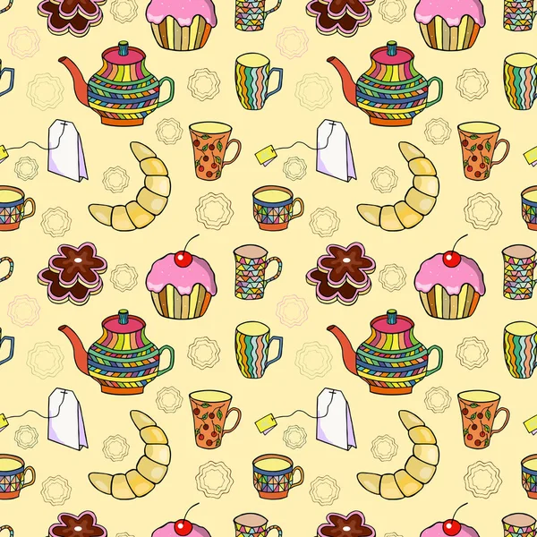 Kusursuz desen. Çay poşeti, kurabiye, kruvasan keki. Eps10 vektör illüstrasyonu. el çizimi.