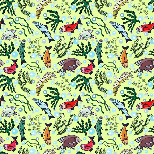 Algues Poissons Bulles Motif Sans Couture Illustration Vectorielle Eps10 — Image vectorielle