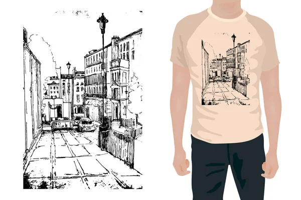 Print Design Met Oude Binnenstad Street Scene Man Bedrukt Shirt — Stockvector