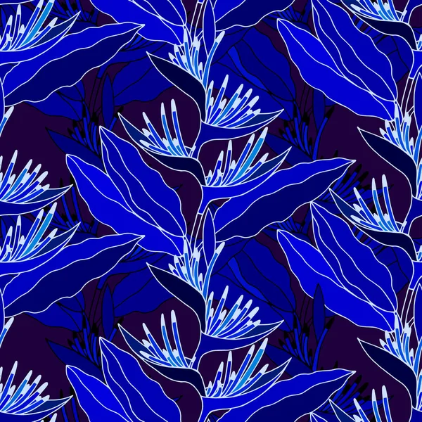 Seamless Vector Pattern Blue Strelitzia Flowers — Stock Vector