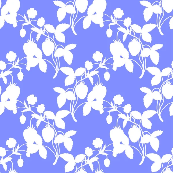 Tekening Naadloos Patroon Met Aardbeiplanten Blauwe Achtergrond Vector Illustratie — Stockvector