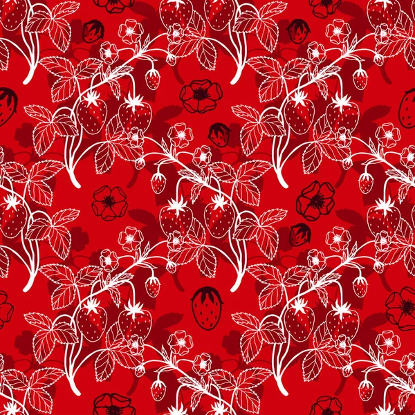 Nahtloses Muster Mit Erdbeerpflanzen Auf Rotem Hintergrund Vektor Illustration — Stockvektor