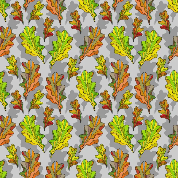 カラフルな秋のオークの木の葉とシームレスなパターン灰色の背景 ベクトル イラスト — ストックベクタ