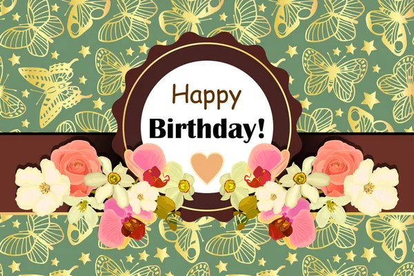 Decorative Greeting Card Happy Birthday Text Flowers Butterflies Background — Stock Vector