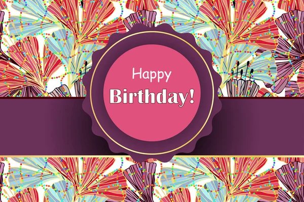 Dekorative Grußkarte Mit Happy Birthday Text Und Blumenmuster — Stockvektor