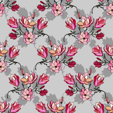 Manolya çiçekli dalların kusursuz deseni. Vektör hisse senedi illüstrasyonu E10.