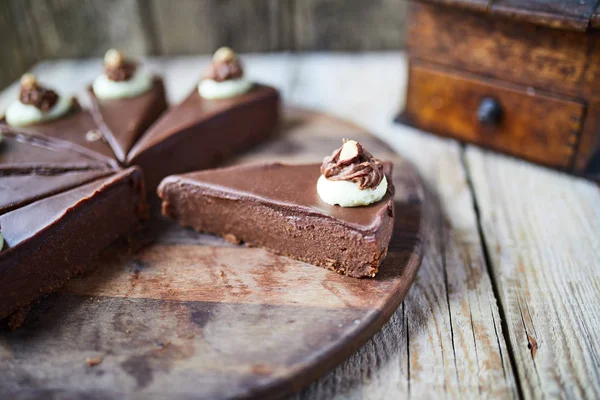 Partes Bolo Chocolate Mesa Madeira — Fotografia de Stock