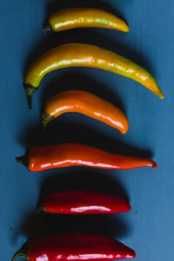 Kırmızı, yeşil ve sarı biber karışımı mavi bir arka plan üzerinde