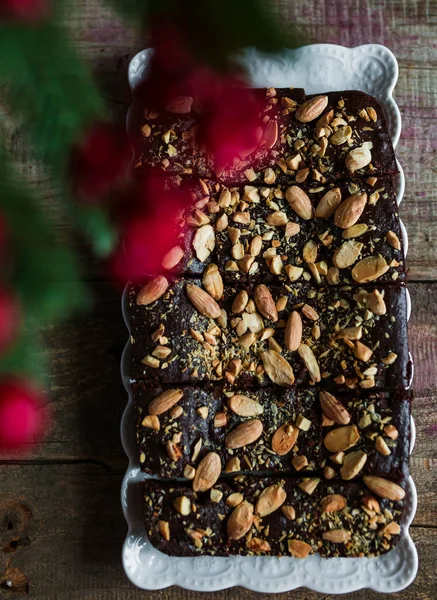 Brownies With Coffee And Almonds On The Table