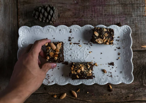 Brownies Com Café Amêndoas Mesa — Fotografia de Stock