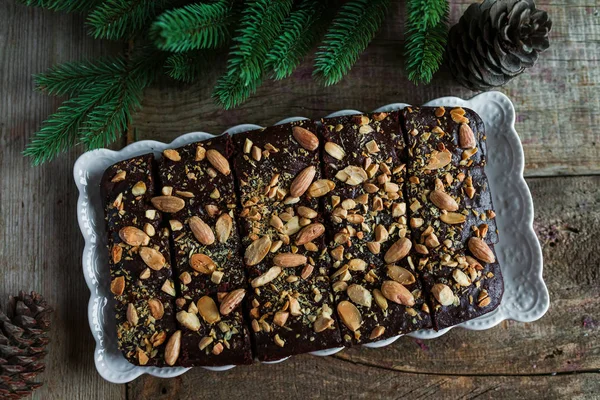 Brownies Avec Café Amandes Sur Table — Photo