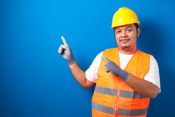 Fat Asian Worker Wearing Helmet Presents Something His Hand While — Stock Photo, Image