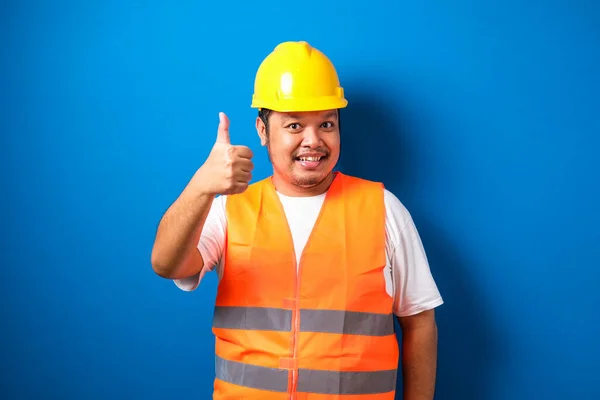 Gorda Asiático Construcción Trabajador Usando Naranja Seguridad Chaleco Casco Mostrando — Foto de Stock