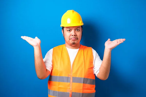 Joven Guapo Gordo Asiático Trabajador Hombre Usando Naranja Chaleco Seguridad — Foto de Stock