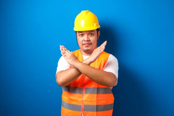 Gordo Asiático Obrero Vistiendo Naranja Chaleco Seguridad Amarillo Casco Haciendo — Foto de Stock