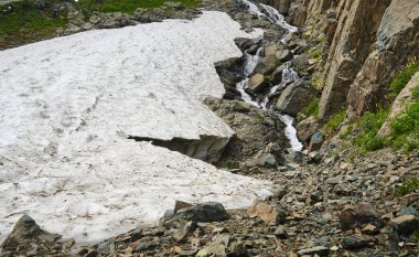 Dağların arka planına yakın turkuaz suyu olan yüksek dağ gölü. Dağlardaki büyük buzullar dağlık gölleri besler.