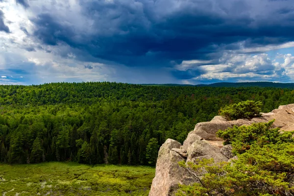 多云的天空向地平线伸展 远处的雨从绿树成林的上方落下 森林从上面看得见 前面是一个岩石悬崖 — 图库照片