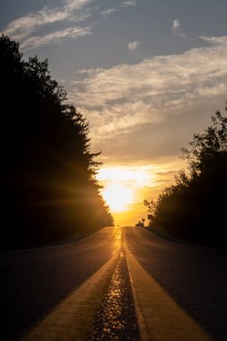 Kırsal bir otoyol dikey formatta alçak bir açıdan görülür. Boyalı çizgileri ufuk boyunca uzanan günbatımı gökyüzüne çıkar..
