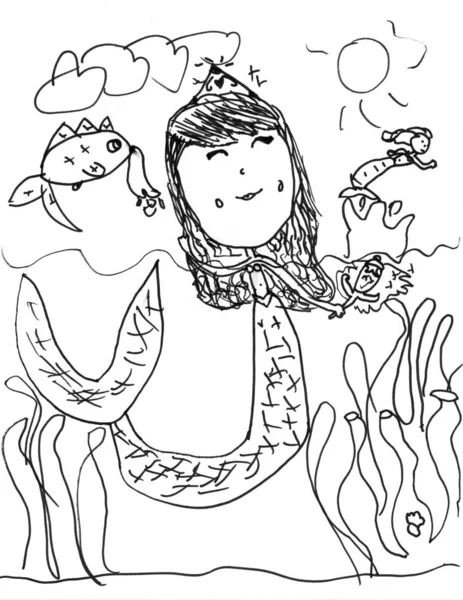 Funny kid drawing with mermaid in ocean