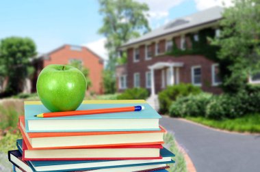 Eğitim konsepti için arka planda eski tarz üniversite olan kitap