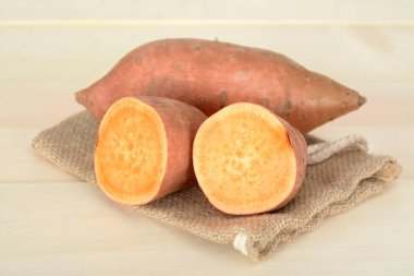 Closeup of sweet potatoes on light background