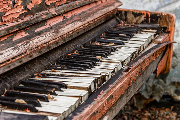 Old Broken Piano Thrown Street Peeling Paint Leaves Keys Selective — Stock Photo, Image