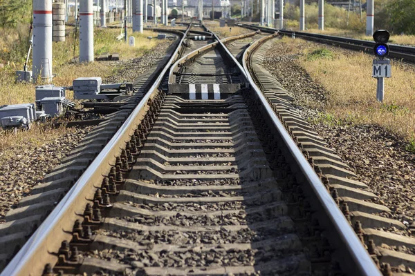 Demiryolu rayları mesafeye kadar uzanıyor. Vladivostok 'taki Sibirya Demiryolu' nun Sonu.