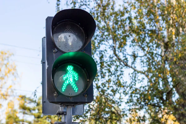 Permissive green traffic light at a pedestrian crossing.