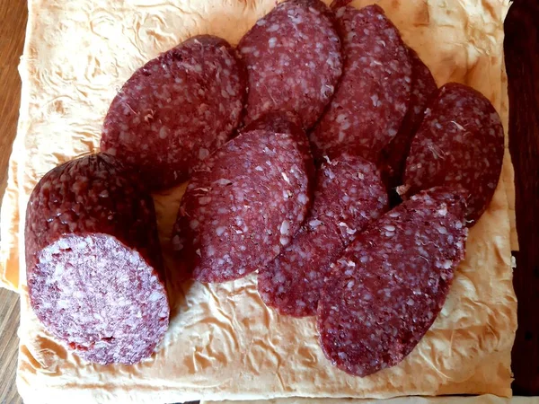 Armenian Lavash Lies Chopped Dried Sausage — Stock Photo, Image