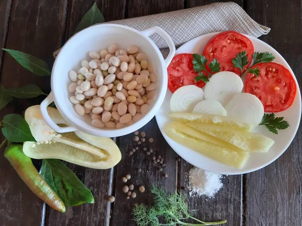 Cozinha Georgiana Ingredientes Para Cozinhar Lobio Feijão Tomate Cebola Especiarias — Fotografia de Stock