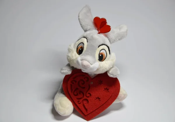 Valentine Day Greeting Card Gray Bunny Red Decorative Heart — Stock Photo, Image