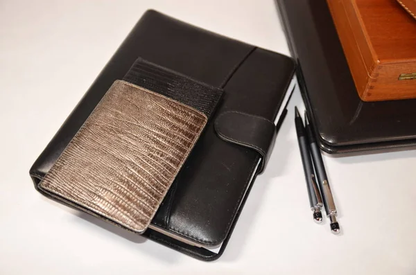 Photo Accessories Business Men Laptop Organizer Belt Wallet Money Documents — Stock Photo, Image