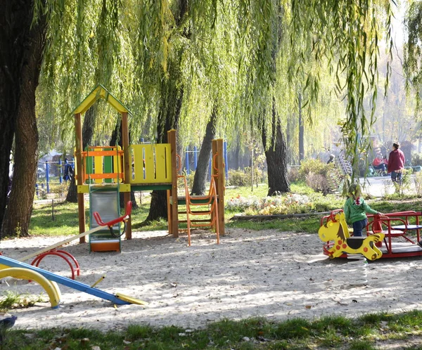 Autumn Day Park Has Playground Slides Ladders Swings — Stock Photo, Image