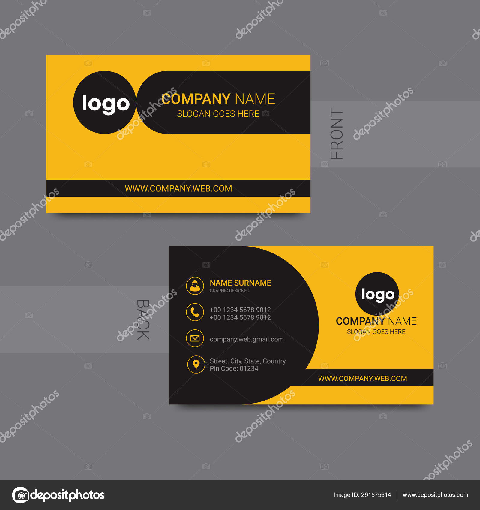 Front Back Side Business Card Black Yellow Colors Grey Background Stock  Vector Image by ©nonhoursdesign #291575614