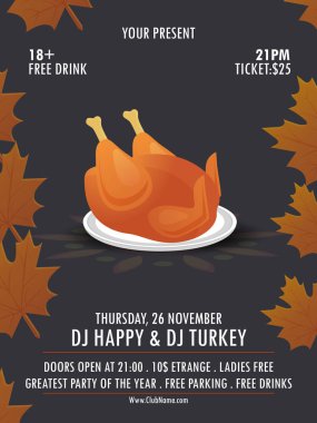 Şükran Günü poster tasarımın kutlu olsun. Tebrik kartı. Sonbahar yaprakları ve arka planda Mutlu Şükran Günleri yazıları. Kutlama tipografi afişi. Vektör illüstrasyonu