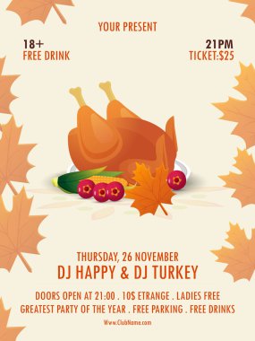 Şükran Günü poster tasarımın kutlu olsun. Tebrik kartı. Sonbahar yaprakları ve arka planda Mutlu Şükran Günleri yazıları. Kutlama tipografi afişi. Vektör illüstrasyonu