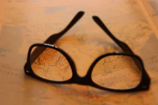 Glasses Resting Map Part Map Lenses Focus — Stock Photo, Image